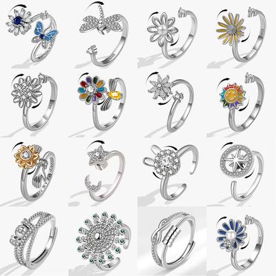 Butterfly Dragonfly Rhinestone Rotating Anxiety Ring For Women Ctue Animal Flower Stress Relief Spinning Ring Jewelry Anillo