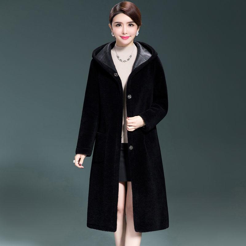 Новая модная женская куртка из искусственной кожи, зимняя овечья кожа с мехом, пальто с капюшоном, двусторонние дубленки