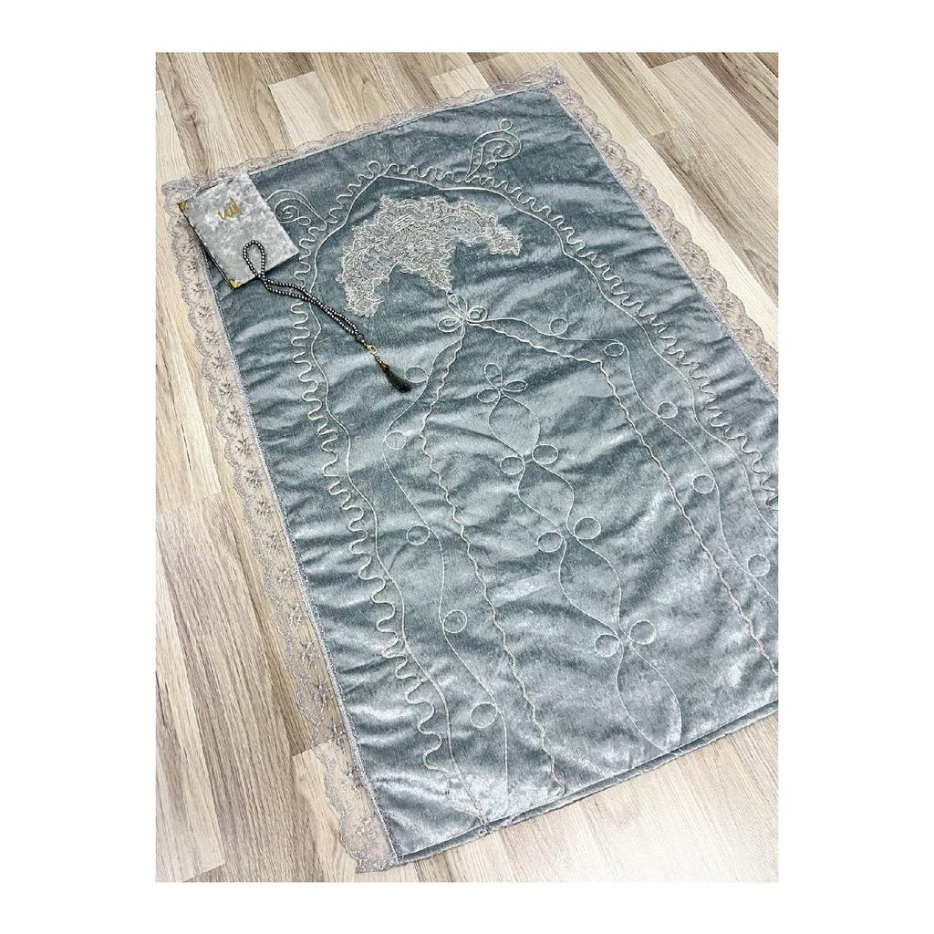 French Laced 3 Piece Embroidered Velvet Dowry Bridal Set Prayer Rug