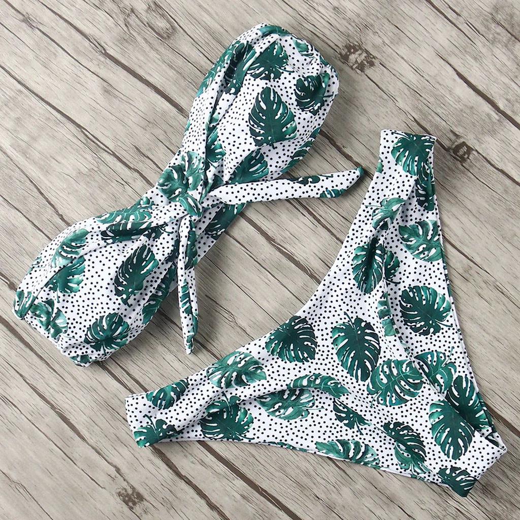 Women's Sexy Print Bow Tie High Cut Bandeau Bikini Set Two Piece Swimsuit