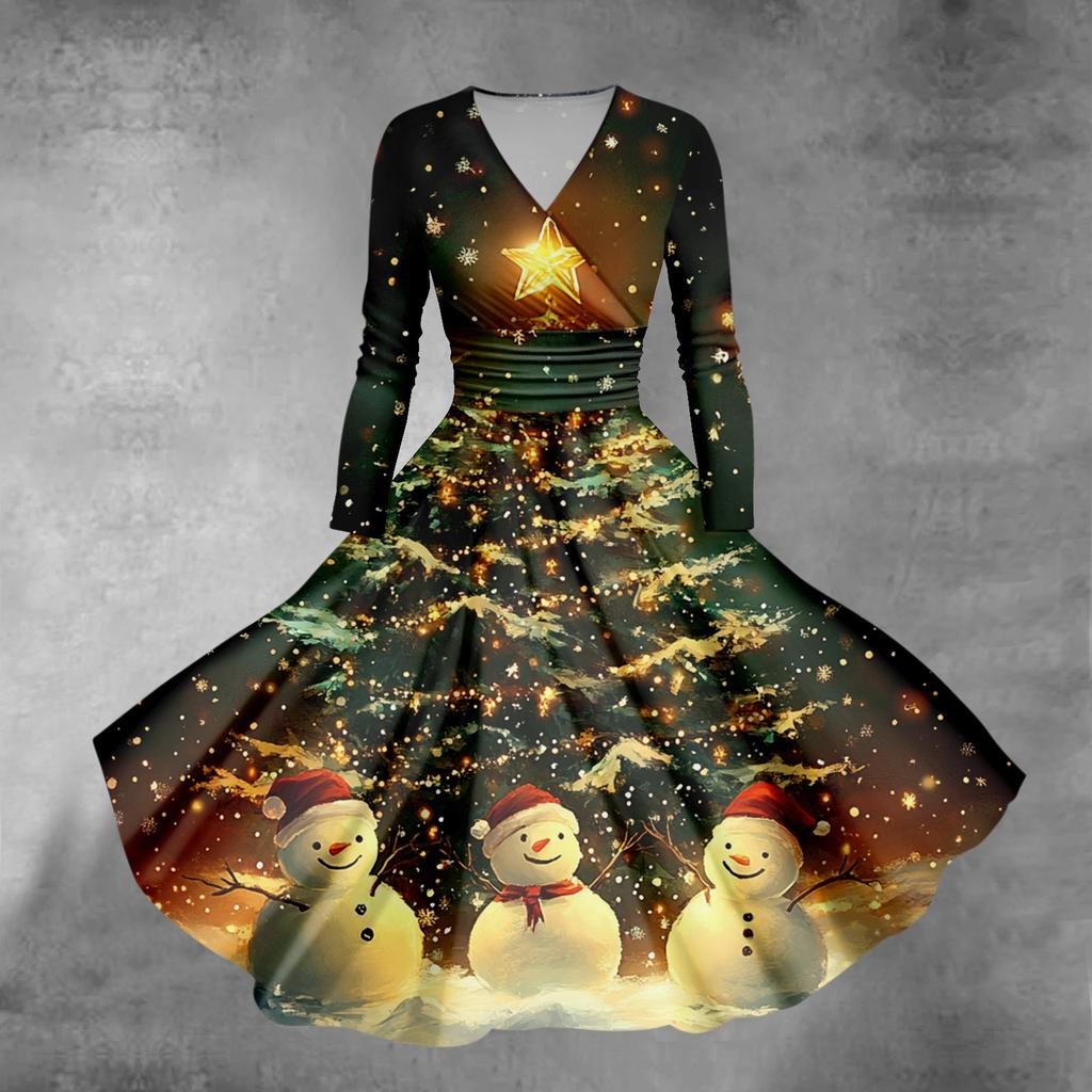 Женское облегающее платье свободного кроя с принтом рождественской елки и снежинок, V-образным вырезом и длинными рукавами