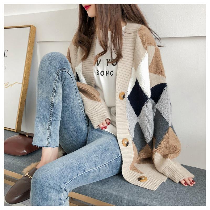 Autumn New Long Sleeve Argyle Knitted Sweater Jacket Women Winter Elegant Fashion Loose Woman Cardigans Sweaters Vintage Plus Size Knitwear Coat 24929