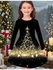 Girls' Autumn and Winter Fashion Dress, 3D Christmas Print  Round Neck Long Children's T-shirt Dress, Casual Versatile, Christmas Clothing