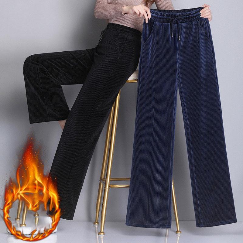 Plus Size Women's Spring Autumn Winter Solid Colour Casual Sweatpants Loose Elastic Waist Corduroy Padded Wide Leg Straight Pants