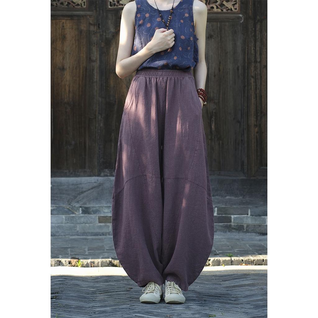 Women Vintage Ramie Cotton Linen Pants Elastic Waist Wide Leg Trousers Spring Summer Tie-dye Harem Pants Loose Bloomers
