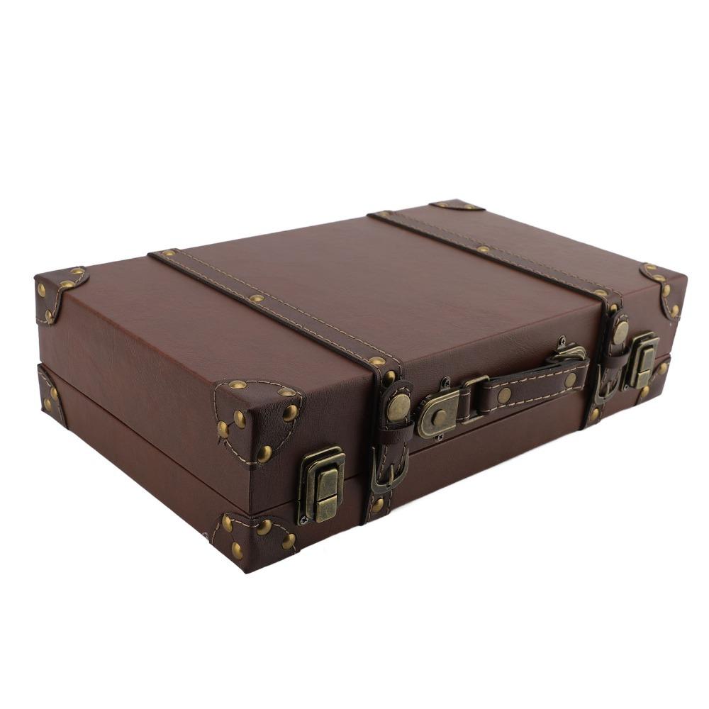Деревянный винтажный чемодан Коричневая кожа Декоративный багажный сундук Британская классика Деревянный ящик для хранения Организация дома