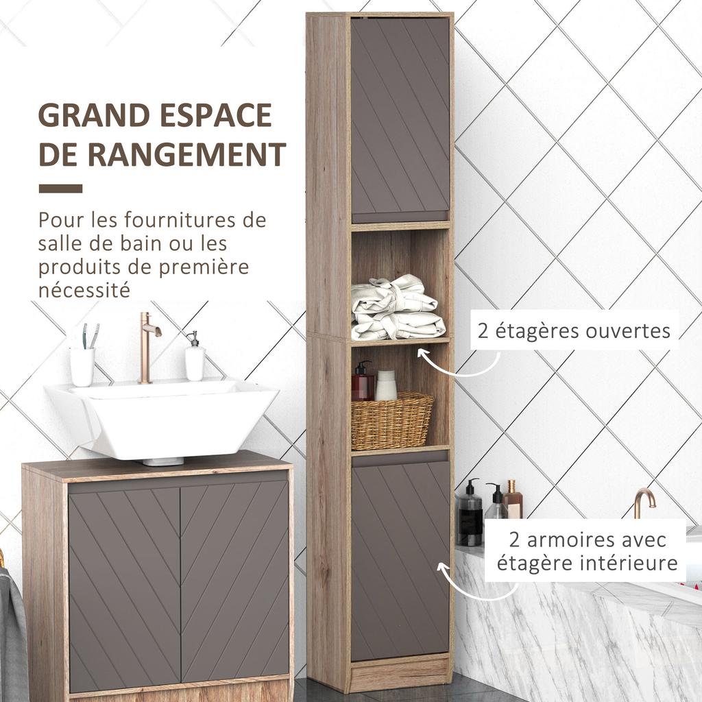 Cozy style bathroom storage column unit, 30 x 24 x 170 cm, 2 doors, shelf, 2 niches, light oak grey