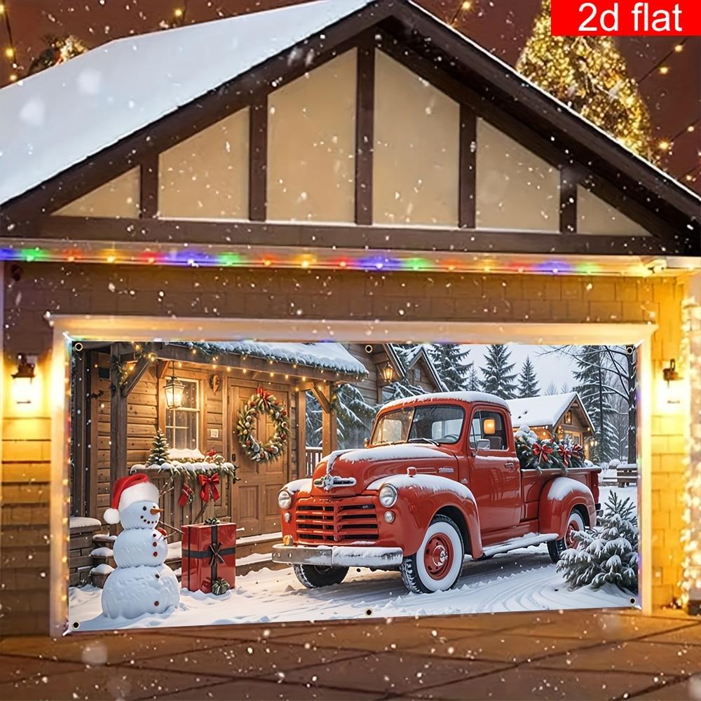 Winter snow scene pickup truck garage door, easy-to-hang outdoor holiday decorations, suitable for Christmas