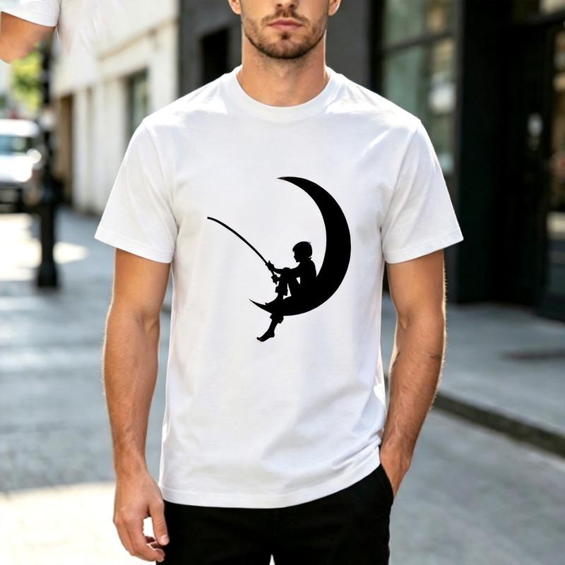 Trendy Dreamy Minimalist Night Sky Crescent Moon Fishing Boy Silhouette Graphic Tee Unisex Unisex Cotton Urban Daily Relax Casual