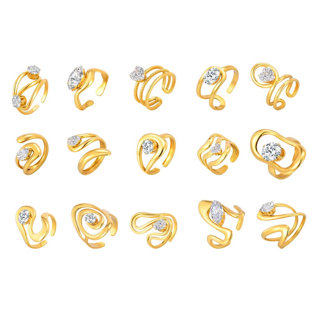 Cubic Zircon Irregular Hollow Opening Ring for Women, Geometric Twist Lines Stainless Steel Ring, Fashion Waterproof Jewelry