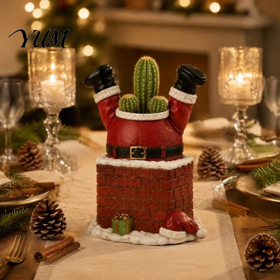 Christmas Gift for Gardeners Santa Claus in Smokestack Flower Pot Ornament, Resin Decorative Plant Unique Holiday Table Centerpiece Container,