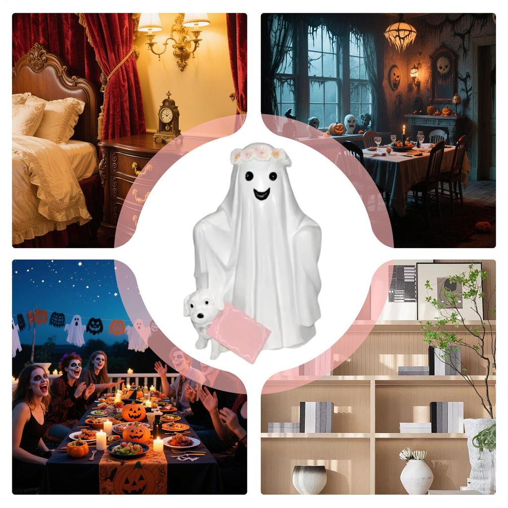 Ghost Walking Dog Halloween Desktop Ornaments Cute Resin Figurines Ornaments For Desk Table Mantle Fireplace Bookshelf Home