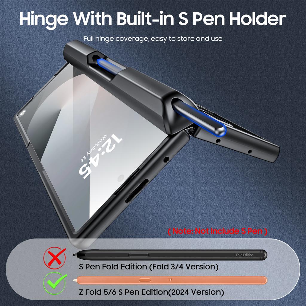 For Samsung Galaxy Z Fold 6,Back Card Pack,Integrated Pen Slot,Full Coverage 9H Protective Film,Shockproof Phone Case-Black