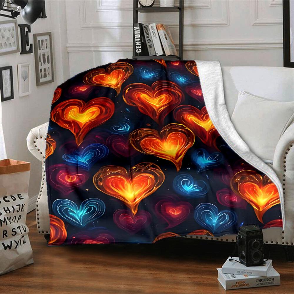 1pc Heart Flames Print Blanket Lightweight Flannel Throw Blanket For Sofa, Bed, Living Room, Office, Outdoor Travel, Camping