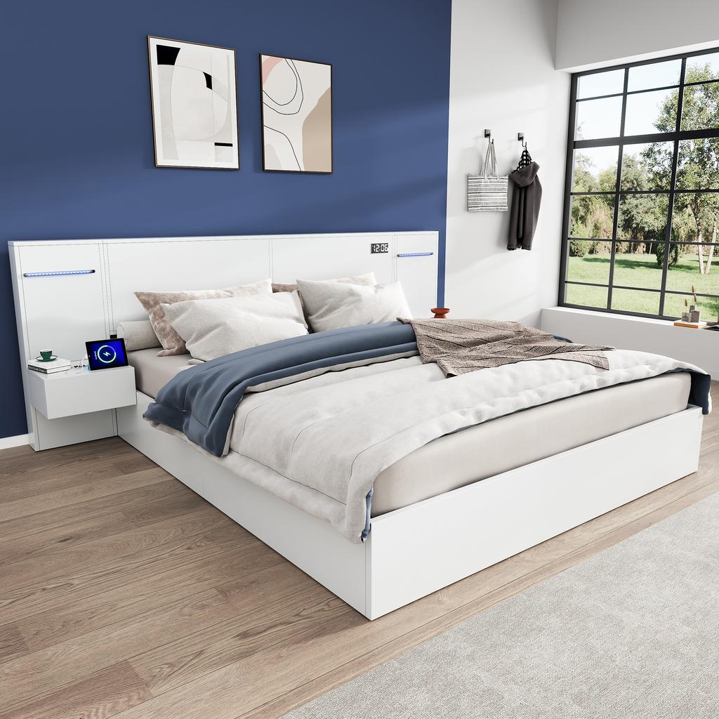 Double Bed 160*200cm, Wooden Bed, USB Port, Clock, Bluetooth Speaker, Color Light Strip, 2 Nightstands (without Drawers), Mattress Not Included, White