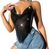 Women Sequin Sling Tops Halter Sleeveless Backless Short Vest with Metal Chain