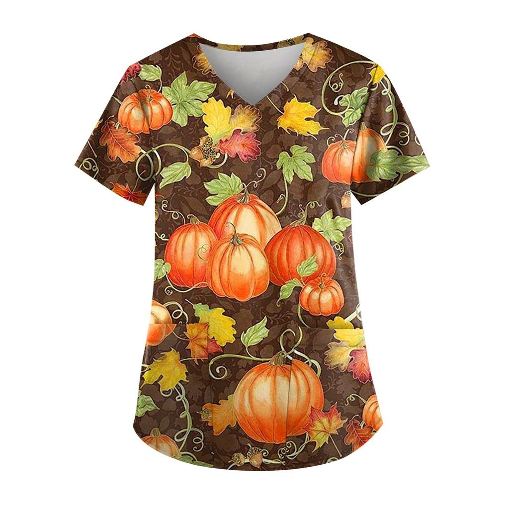 Женские топы с коротким рукавом и V-образным вырезом для Хэллоуина, карманные рабочие футболки