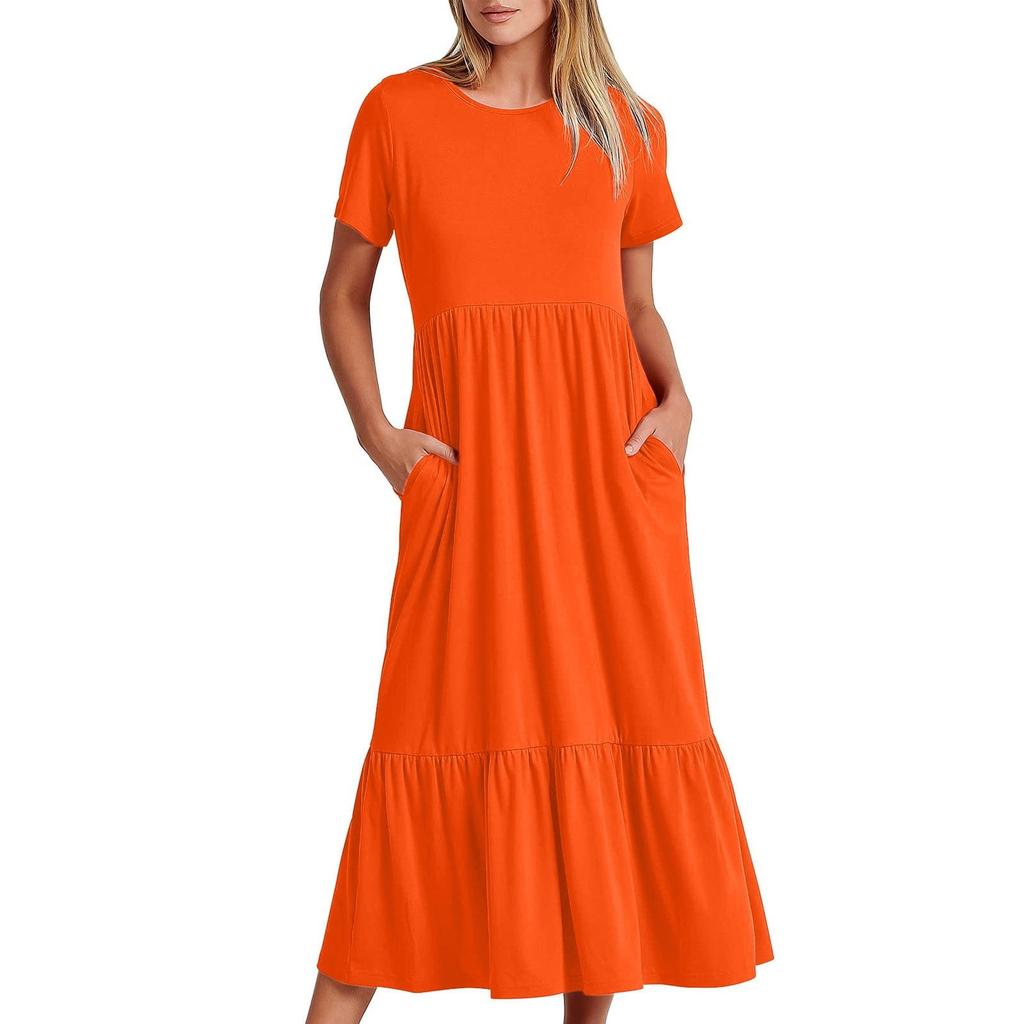 Women's Summer Casual Short Sleeve Crewneck Swing Dress Flowy Tiered Maxi Beach Dress With Pockets