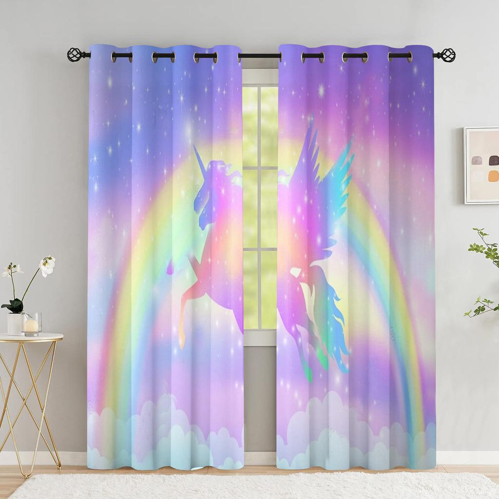 Шторы с летающим единорогом для гостиной, волшебный замок, детская комната, шторы для мальчика, радужное небо со звездами, оконная занавеска с высоким затенением