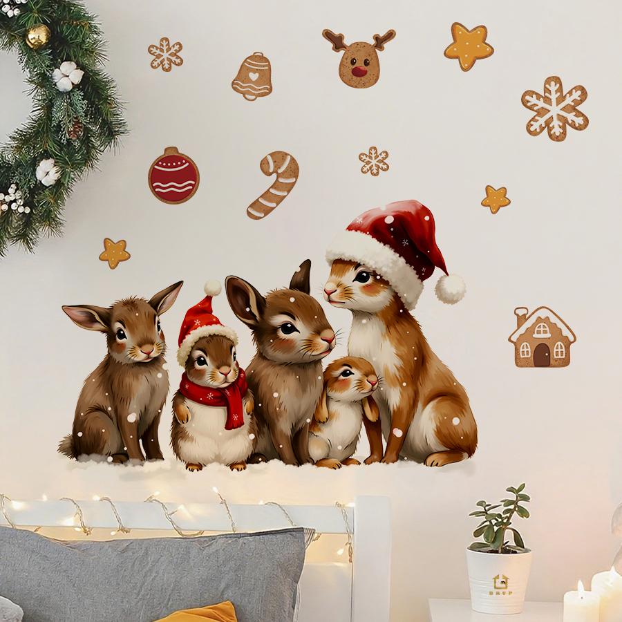 Charming Rabbit Family Gingerbread Christmas Wall Stickers Removable Self-Adhesive For Kids Room Living Room Bedroom Cafe Decor