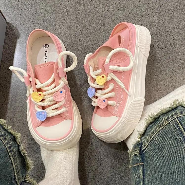 Fashion Women 2024 New Ugly and Cute Two Wearing Canvas Shoes Korean Round Head Thick Sole Student OffWhite Shoes Lace-up