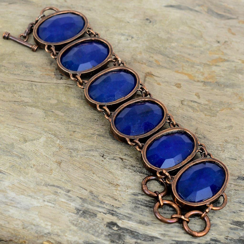 Граненый браслет из синего сапфира, гальванопластичный медный браслет с драгоценным камнем, браслет с регулируемой цепочкой, браслет ручной работы, медные украшения для подарков