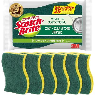 Scotch-Brite C-31S-6P Cellulose Sponge Scouring Pad 6-Pack Kitchen Dish Cleaning Wavy Grip Eco-Friendly Recycled Polyester Non-Scratch Scrubber