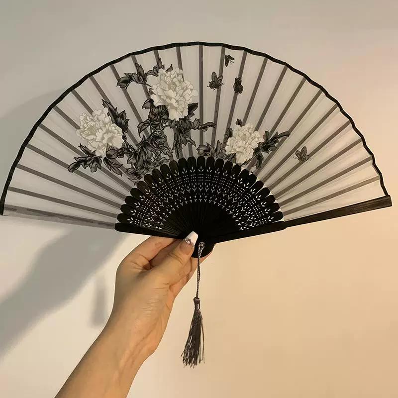 New Chinese-Style Fan, Black Ink Painting, Cheongsam Folding Fan, Ancient Style, Traditional Chinese Style, Tassel Folding Fan, Hanfu Bamboo Fan