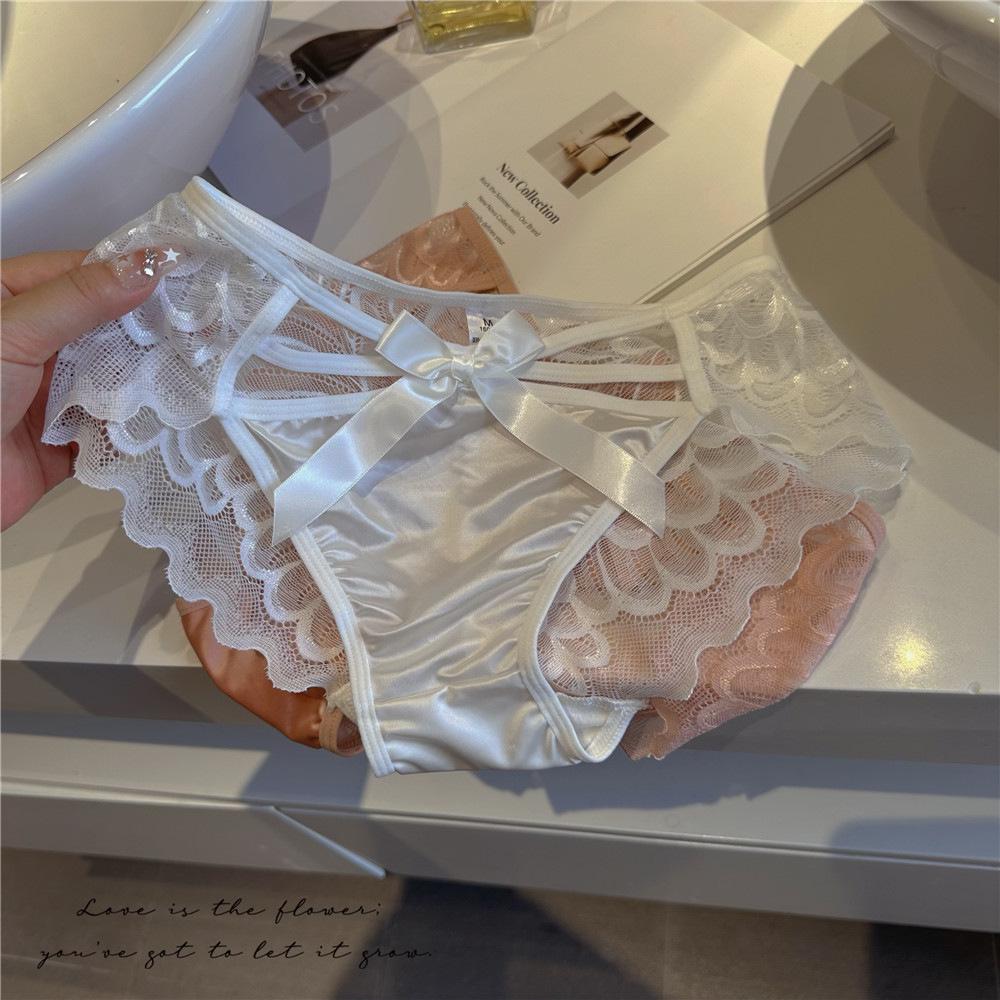 Japanese Lace Hollow-Out Mid-Waist Satin Women's Briefs - Sexy, Breathable Triangle Panties