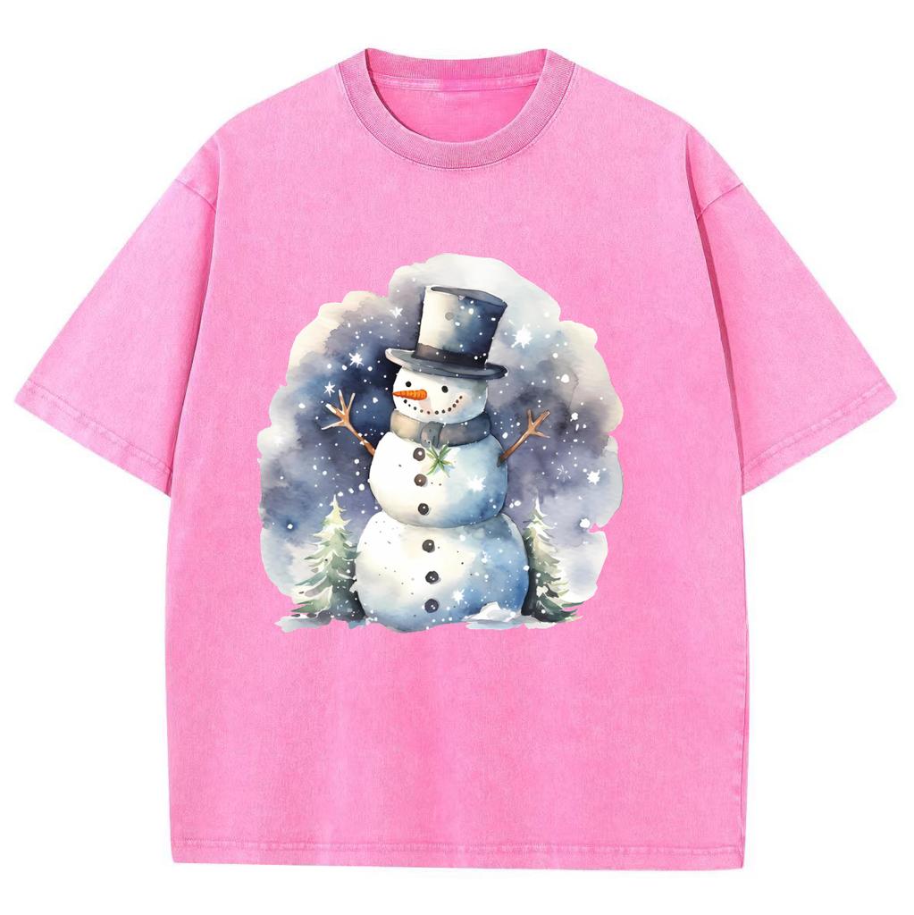 Snowman Print Christmas Women's T-Shirt Oversized Washed Short Sleeve Everyday Cute Top Retro Distressed Wear Men