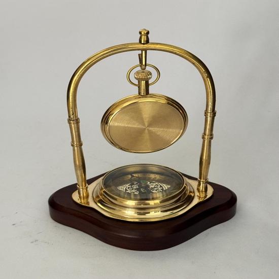 Personalized Brass Desk Clock Wooden Base, Antique  Hanging Pocket Watch