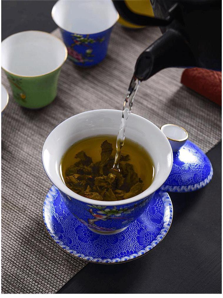 Court Style Cloisonné Enamel Sancai Gaiwan Ceramic Kung Fu Tea Set with Handmade Filigree Pahua Brewing Bowl
