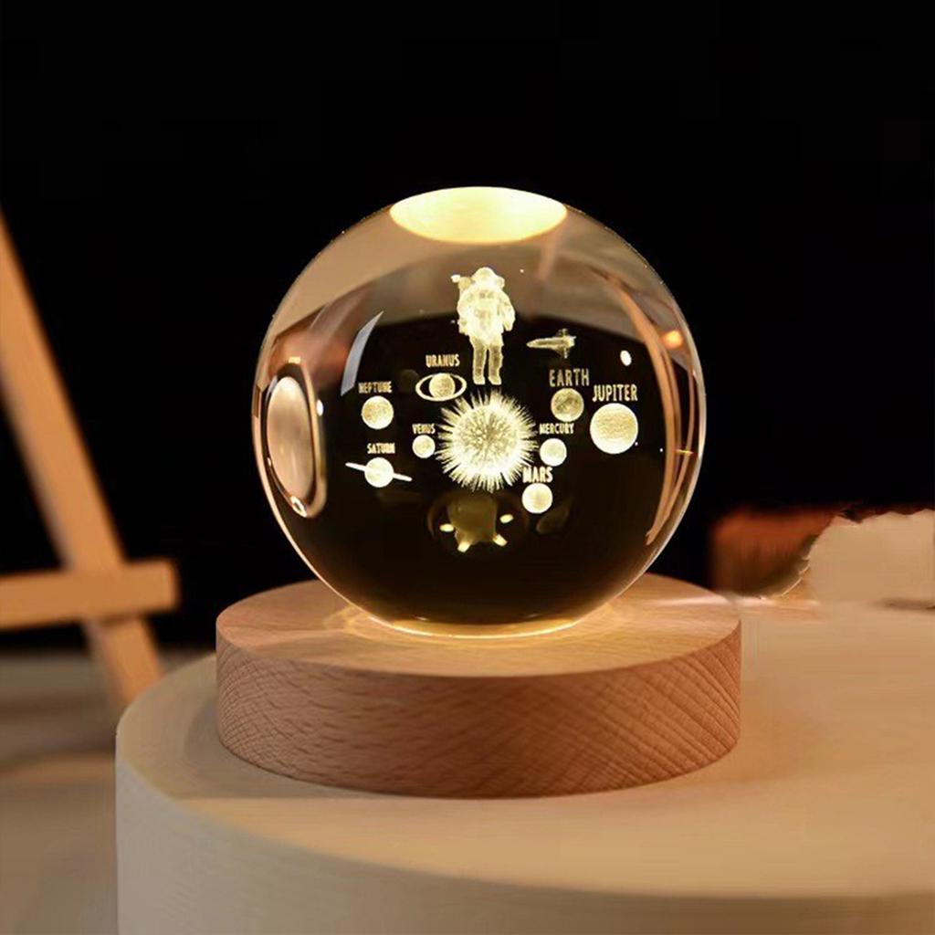 3D Crystal Ball Night Light Inner Carved Luminous Glass Ball Ornament with Wooden Base for Home Decor