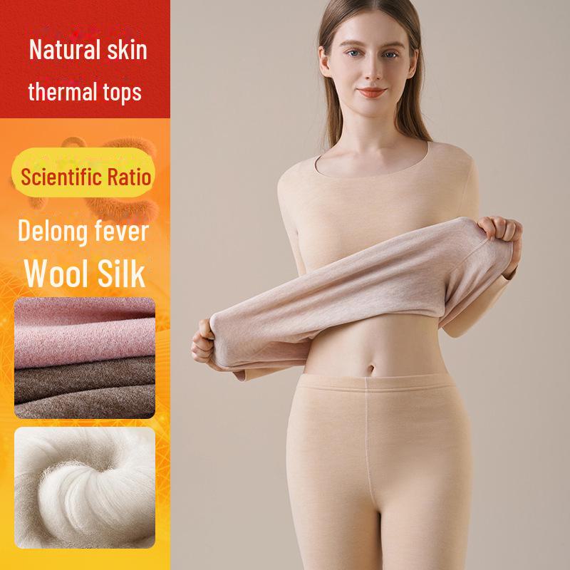 Женское термобелье из кашемира: Плюс бархатный, плотный бесшовный топ с круглым вырезом на осень/зиму.