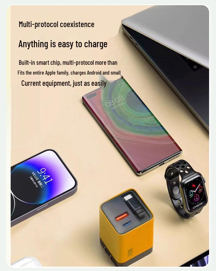 Быстрое зарядное устройство на нитриде галлия с выдвижным кабелем 8 см для устройств Apple, Huawei и Android