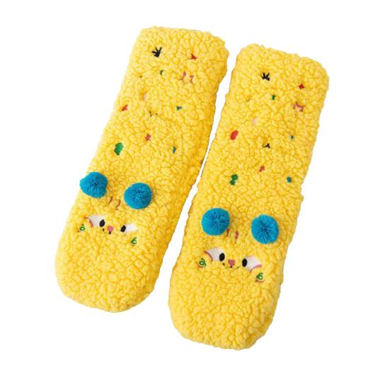 1 Pair Women Socks Cartoon Pattern Thickened Warm Knitting Socks Non-Slip Plush Pilling Resistant Floor Socks