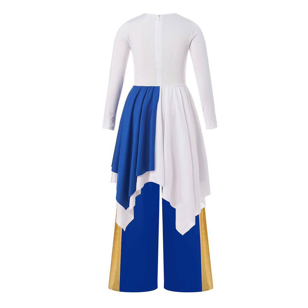 Костюм для танцев для девочек с длинными рукавами, металлизированное асимметричное платье, контрастные цветные пэчворк, широкие брюки