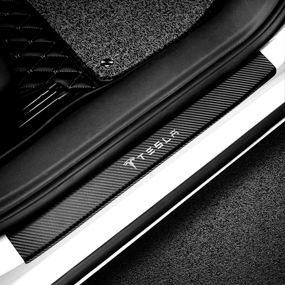 DHKOR1 4Pcs Car Door Sill Stickers Carbon Fiber Decal Badge For Tesla Model 3 Model S Model X Coil Mod WYE K80 Roadster Auto Styling