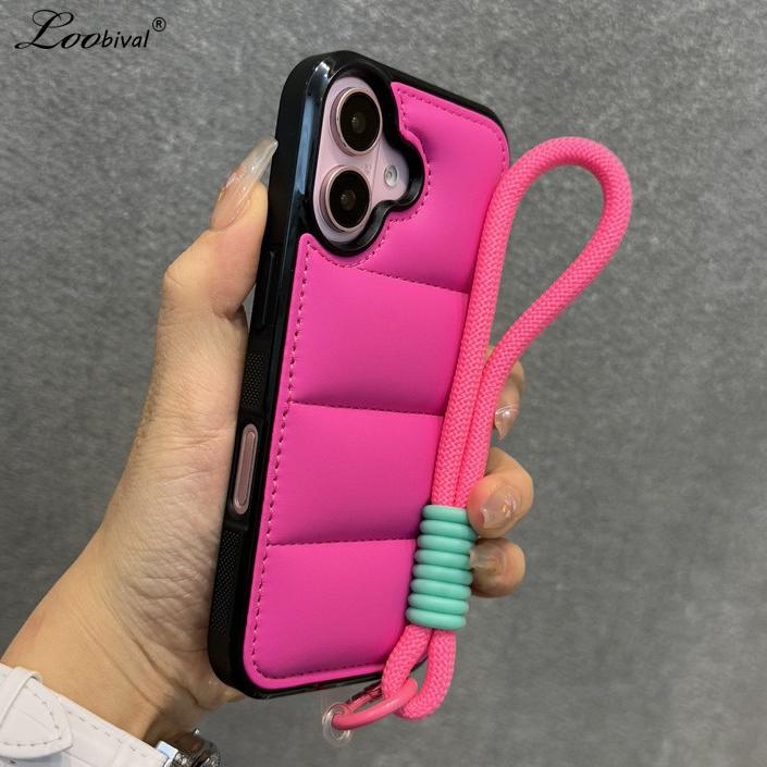 Модный пуховик Чехол-браслет для iPhone 15 16 Pro Max 14 Plus 11 12 13 С ремешком Однотонный Мягкий Ударопрочный Чехол