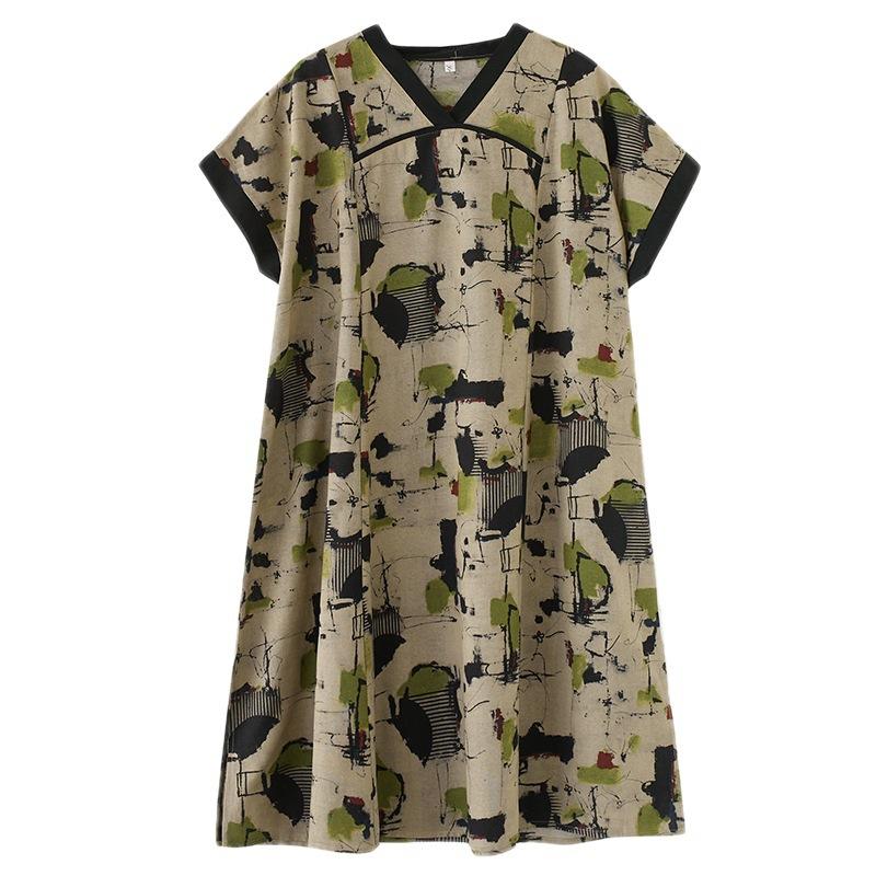 Летнее хлопковое льняное платье с V-образным вырезом, свободное, большого размера, в китайском стиле, ханьфу, улучшенное, средней длины, с короткими рукавами, для женщин, платья