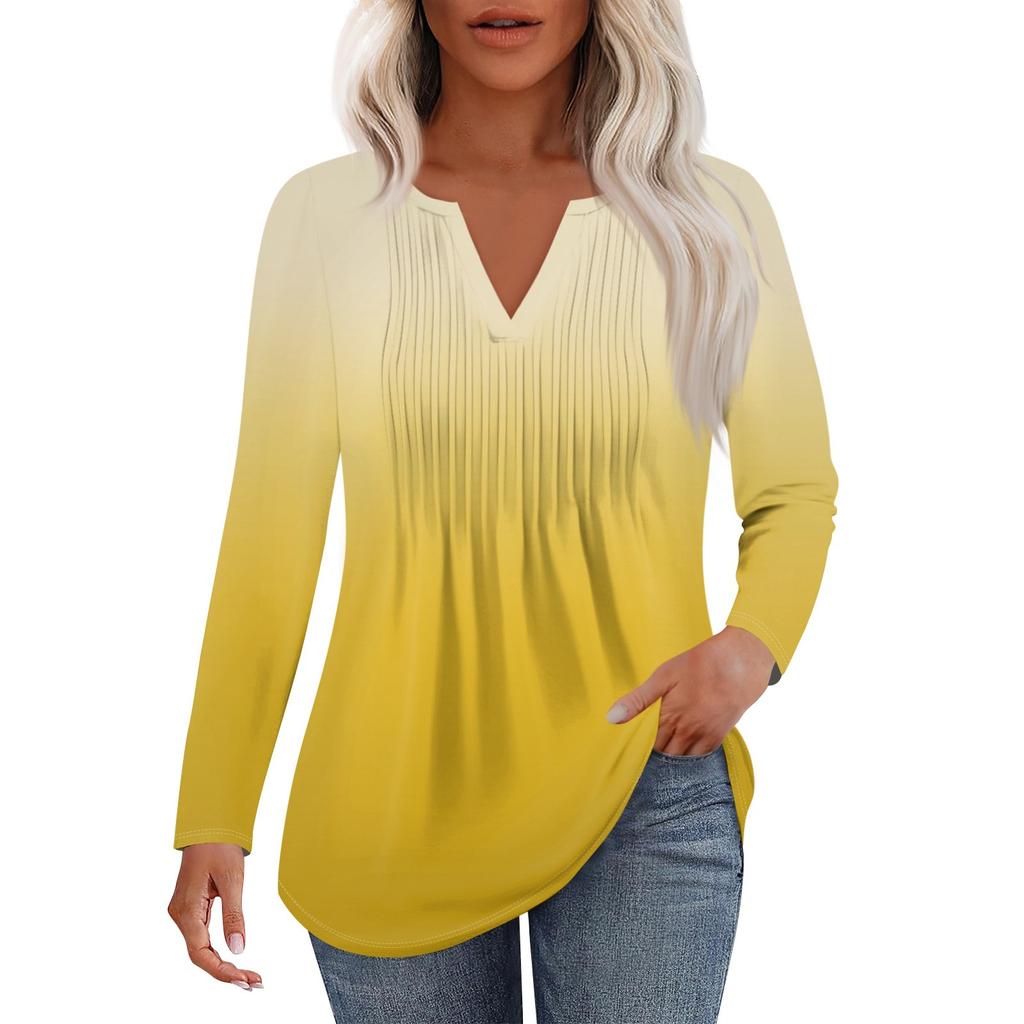 Женская Мода Повседневная Плиссированная Футболка с V-образным Вырезом Однотонная с Длинным Рукавом Элегантные Топы