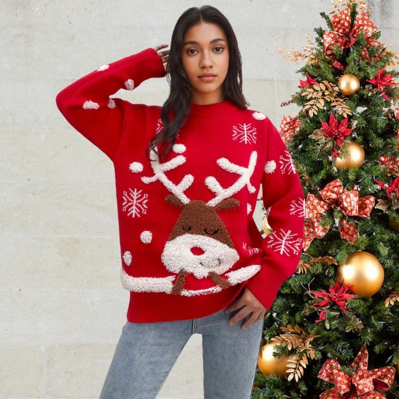 Womens Oversized Knit Sweater Red Christmas Pullover Loose Fit Crew Neck Long Sleeve Street Style Acrylic Blend