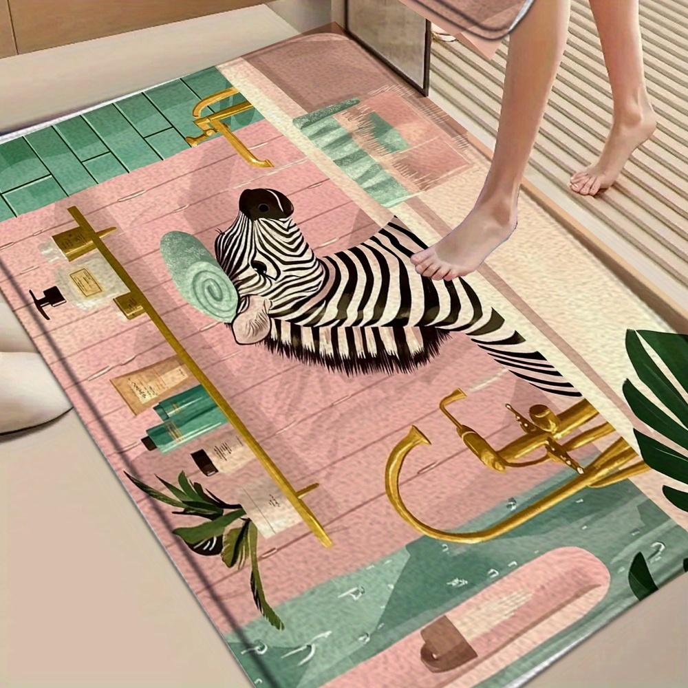 Cute Zebra Bath Rug Funny Animal Pattern Water Absorbing Non Slip Washable Shower Door Floor Carpet
