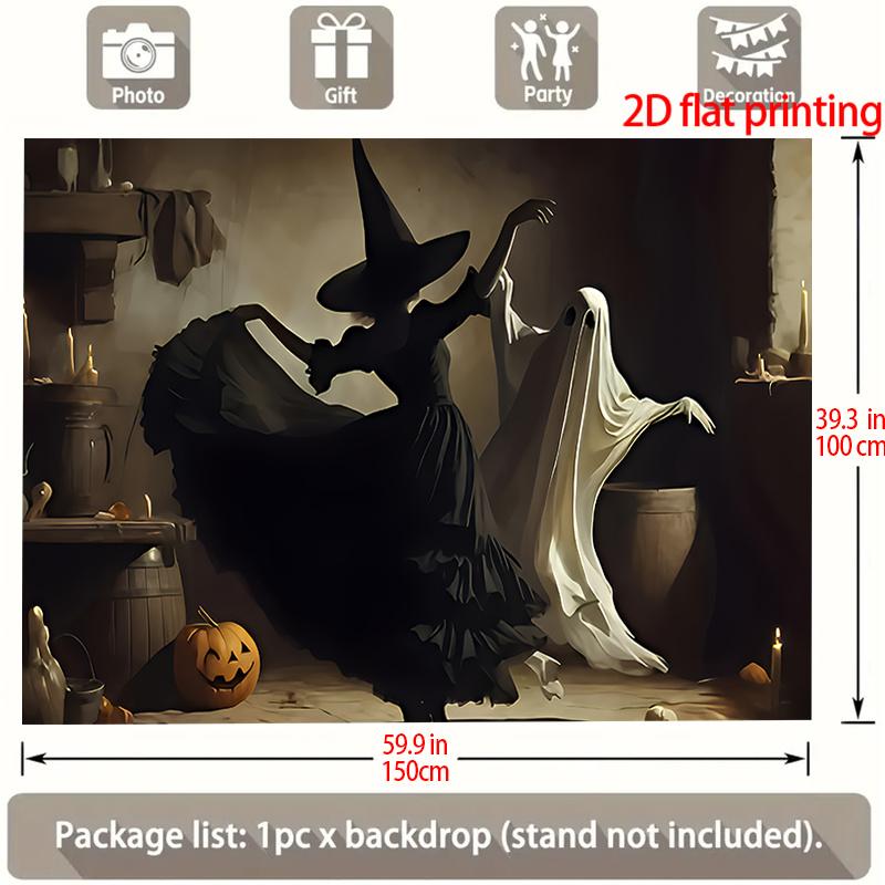 2D flat large Halloween party banner - Witches ghosts and pumpkin lanterns dancing together