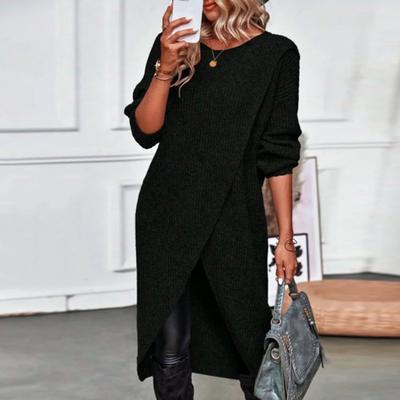 Женское осенне-зимнее платье с нерегулярным разрезом по краю, вязаное свободное мягкое, толстое, теплое, с длинными рукавами, однотонное платье-свитер средней длины