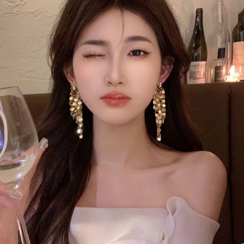 Bling Bling Metal Sequin Earrings Zinc Zinc Alloy Gold Earrings Temperament Long Tassel Dangle Earrings  Girl