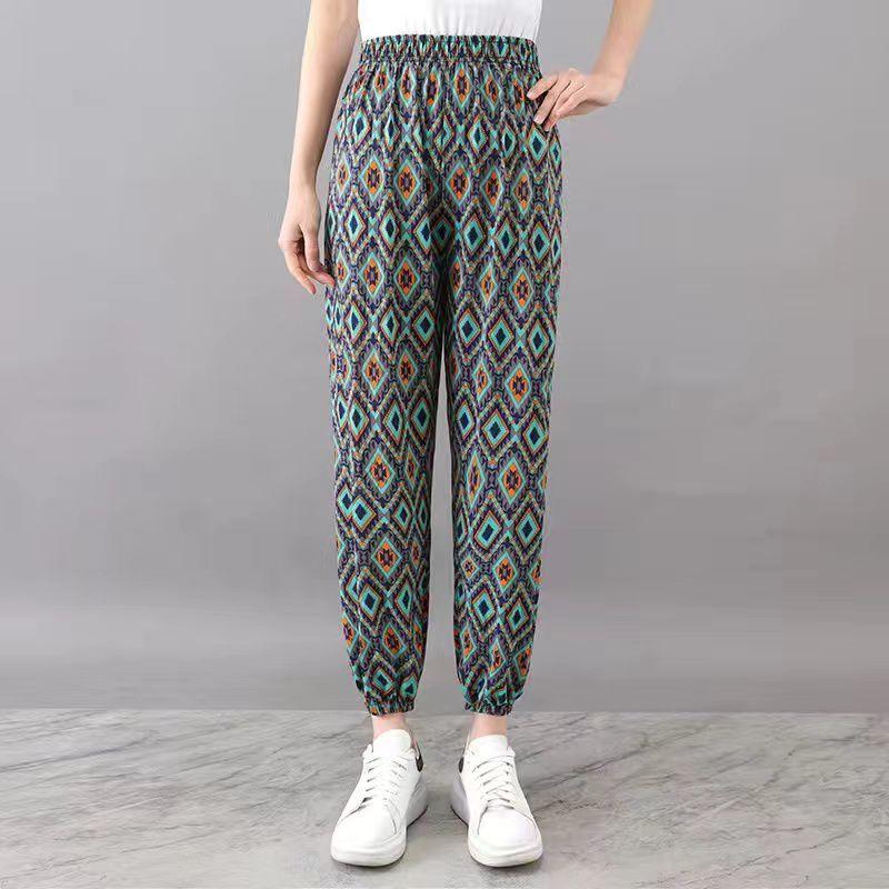 Летние женские брюки с цветочным принтом, брюки-шаровары для мам, брюки с обтачкой ног, эластичные летние брюки больших размеров