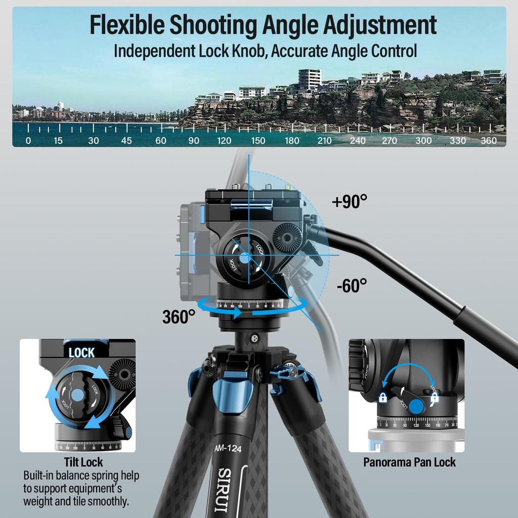 SIRUI AM124 Carbon Fiber Tripod with AM5V Video Compact Lightweight Travel Tripod for Triangular Center Load Capacity Lbs Head, Camera, DSLR, Pole,