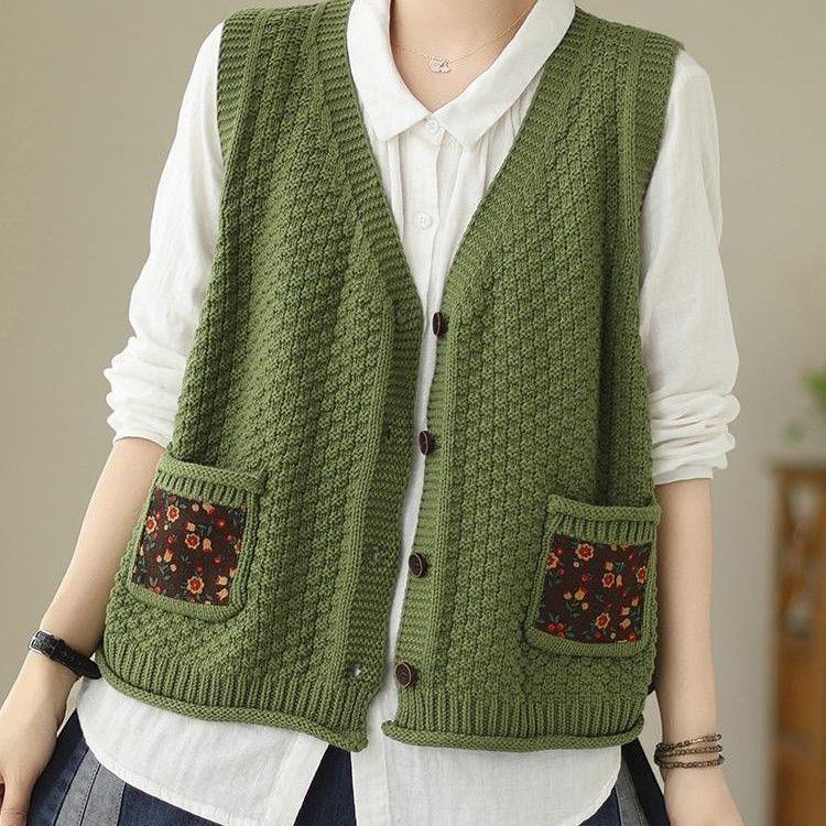 Женский вязаный жилет-кардиган из хлопка с цветочным накладным карманом, свободный и утягивающий, осенний повседневный с V-образным вырезом, без рукавов