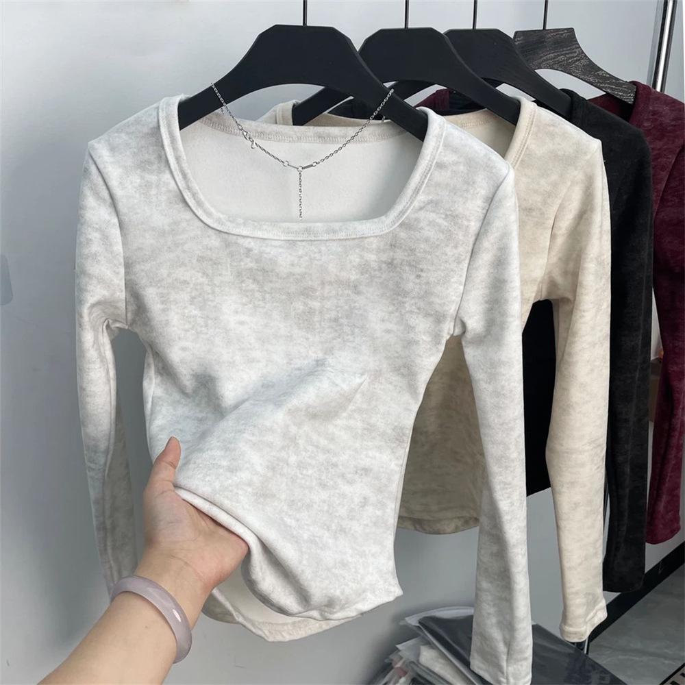 Женский топ с французским квадратным вырезом, tie-dye, утепленный, облегающий, с длинным рукавом - Новинка Осень/Зима